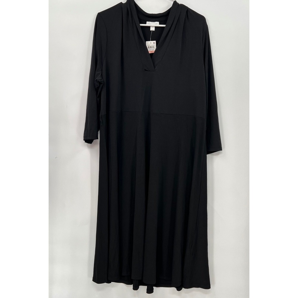 Charter Club 2X Midi Dress W Black V-Neck 3/4 Sleeve Fit Flare Pleated Collar